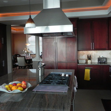 Paneled Sub-Zero, WOLF double ovens, vent-a-hood