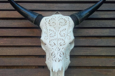 Hand Carved Cow Skull Head with Circle Pattern / Wall Art Home Decor