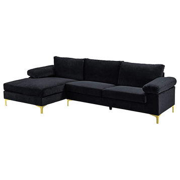 Modern Sectional Sofa, Golden Metal Legs With Velvet Cushioned Seat, Black