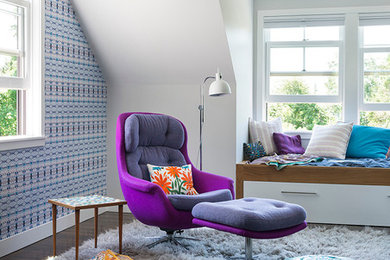 Bedroom - coastal dark wood floor bedroom idea in Boston with multicolored walls