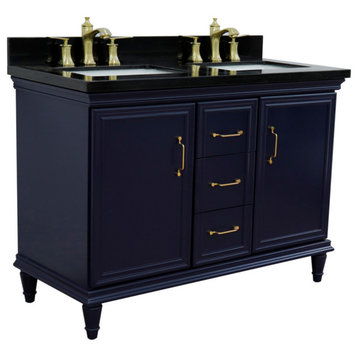 49" Double Vanity, Blue Finish With Black Galaxy And Rectangle Sink