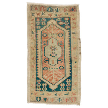 Beige, Brown Vintage Turkish Hand-Knotted Rug, 2' x 3'9"