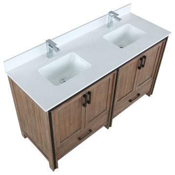 60" Rustic Barnwood Double Vanity, Cultured Marble Top, White Sink and No Mirror