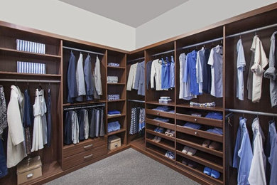 Walk-in closet - large transitional men's carpeted and gray floor walk-in closet idea in Louisville with open cabinets and medium tone wood cabinets