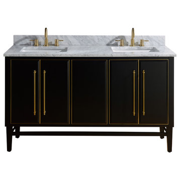 Avanity Mason 60" Vanity in Black with Gold Trim and Carrara White Marble Top