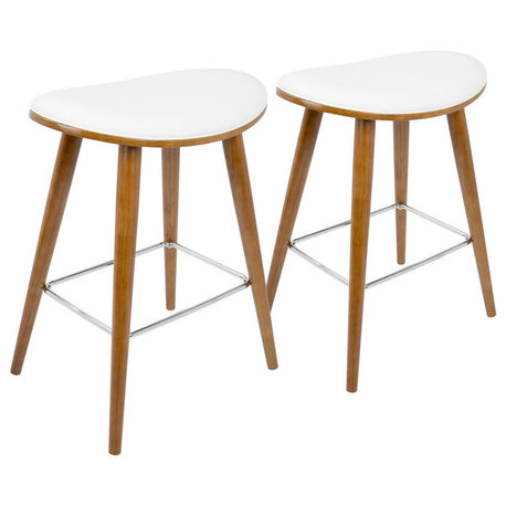 LumiSource Saddle Counter Stool, Walnut and White PU Leather, Set of 2