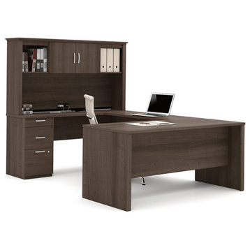 Atlin Designs Contemporary 4 PC Wood U-Shaped Desk with Hutch in Mahogany