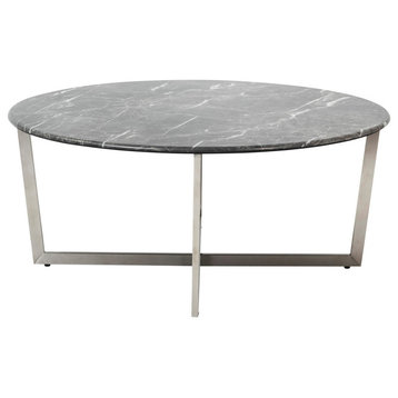 Llona 36" Round Coffee Table in Marble Melamine with Stainless Steel Base, Black