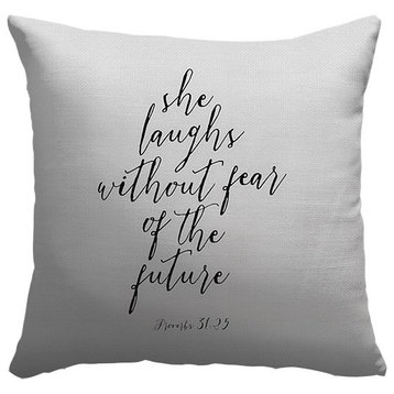 "Proverbs 31:25 - Scripture Art in Black and White" Outdoor Pillow 20"x20"