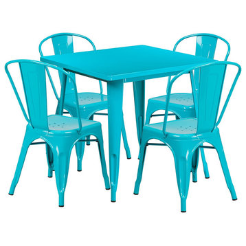 5 Pieces Patio Dining Set, Square Table & 4 Stackable Chairs, Crystal Teal Blue