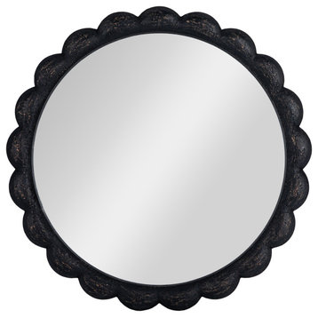 Round Scalloped Distressed Wood Wall Mirror, Black