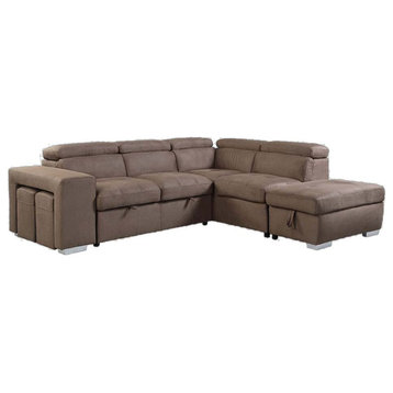 ACME Acoose Sleeper Sectional Sofa With2 Pullout Stools, Brown Fabric