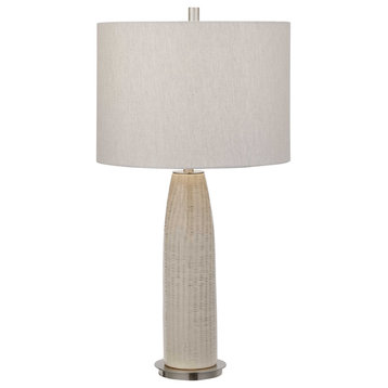 Elegant Beige Gray Tapered Ceramic Table Lamp Tall Round Silver Ribbed Pattern