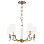 Hudson Valley Lighting - Dayton, Five Light Chandelier, Aged Brass Finish, White Faux Silk Shade - Dayton's strong arms hold smooth crystal columns, for a look of confident glamour. The chandelier's central crystal teardrop showcases the material's pristine beauty. Softly textured tailored shades balance the sheen of Dayton's glass and metal.