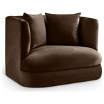 Meridian Furniture - Alder Upholstered Chair, Brown, Velvet, Accent Chair - The Alder brown velvet upholstered accent chair is an invitation to relax. Its rounded silhouette and soft velvet upholstery create a cozy and inviting space, perfect for curling up with a good book or simply unwinding after a long day. Whether you're entertaining guests or enjoying a quiet moment alone, this accent chair is the perfect addition to your space.