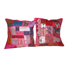 Mogul Interior - Cushion Covers  Patchwork Embroidered Throw Pillow Covers, Set of 2 - Decorative Pillows