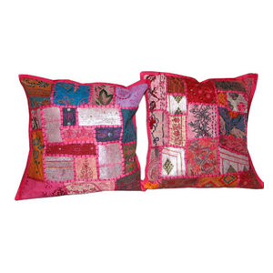 Mogul Interior - Cushion Covers  Patchwork Embroidered Throw Pillow Covers, Set of 2 - Decorative Pillows