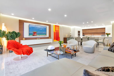 Mid-sized minimalist open concept porcelain tile and white floor living room photo in Miami with beige walls and a wall-mounted tv
