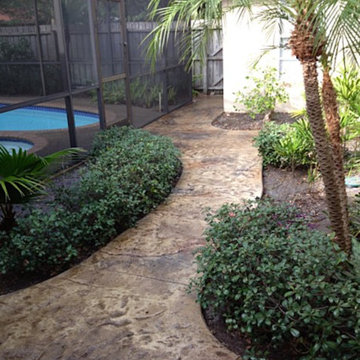 Stamped concrete, and stamped concrete overlays