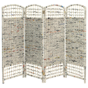 Tall Room Divider, Recycled Newspaper Panels With Top Arched Accents, 4 Panels