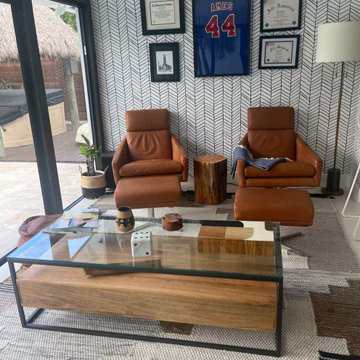 Feature Seating Area with Custom Media Wall and Layered Textures – Modern Eclect