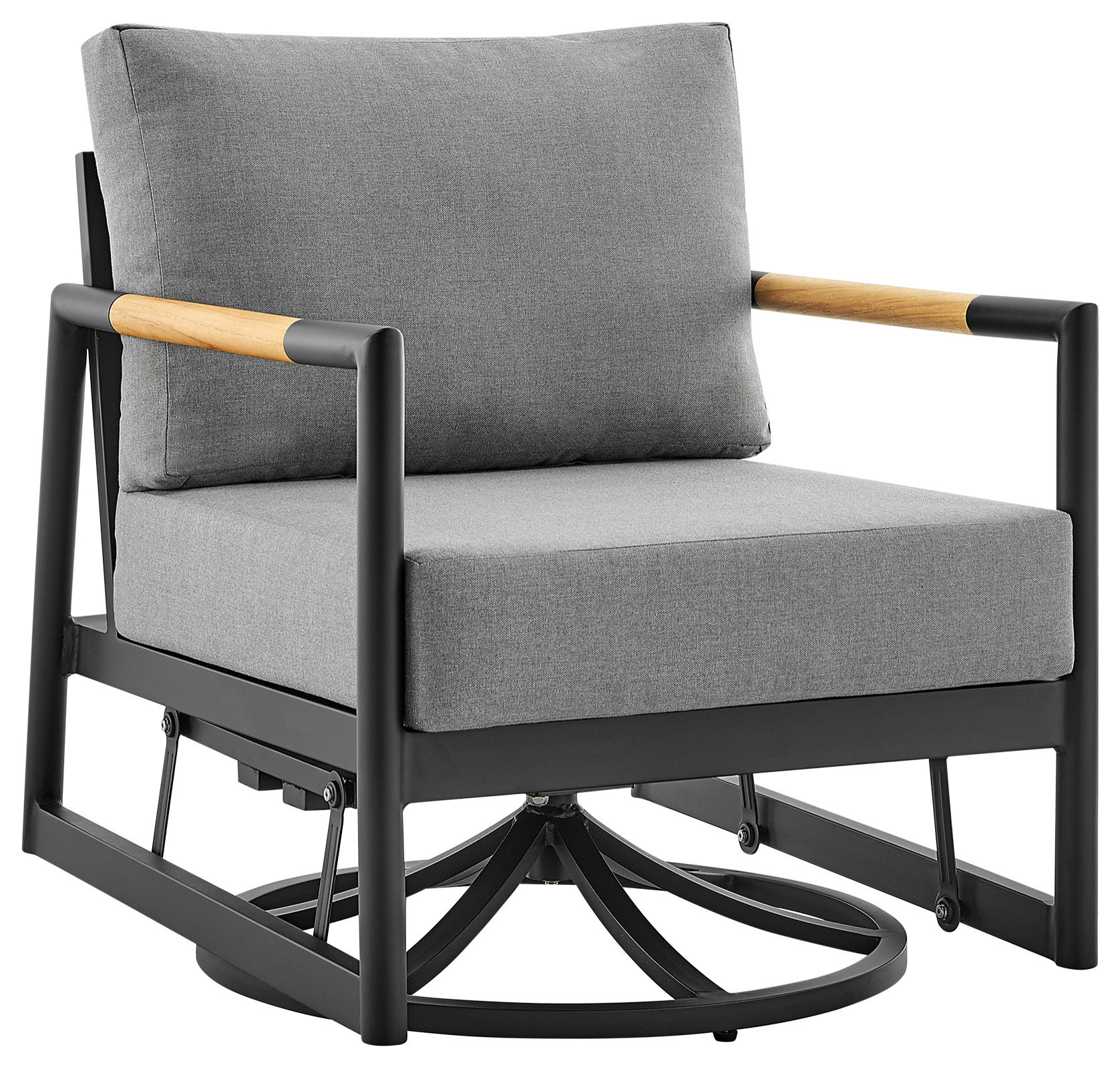 Royal Outdoor Swivel Glider Chair, Black Aluminum And Teak With Cushions
