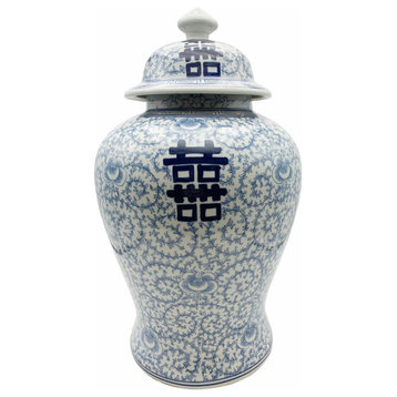 Large Blue And White Temple Jar With Double Happiness Design