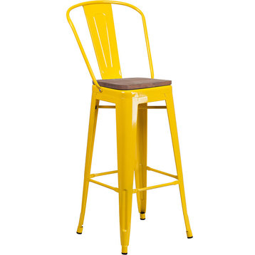 30" High Yellow Metal Barstool With Back and Wood Seat