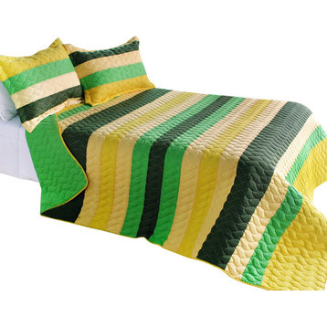 Green World Cotton 3PC Vermicelli-Quilted Striped Quilt Set (Full/Queen Size)