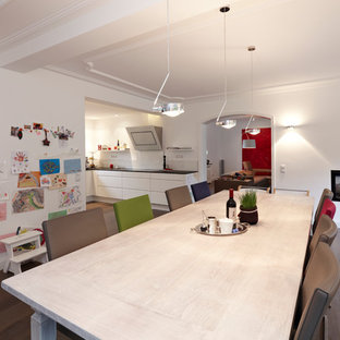 エッセンの広いコンテンポラリースタイルのLDKの画像 (白い壁、濃色無垢フローリング、両方向型暖炉、漆喰の暖炉まわり)