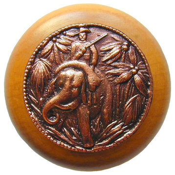 Jungle Patrol Wood Knob, Antique Brass, Maple Wood Finish, Antique Copper