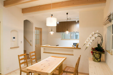 Photo of a modern open concept living room in Osaka with white walls, light hardwood floors and beige floor.