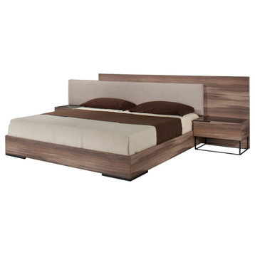 Milo Italian Modern Walnut and Fabric Bed, Queen