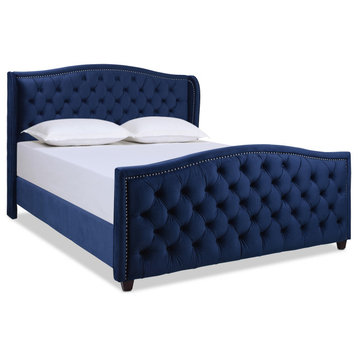 Marcella Upholstered Tufted Shelter Headboard Panel Bed, Cal King, Navy Blue Velvet