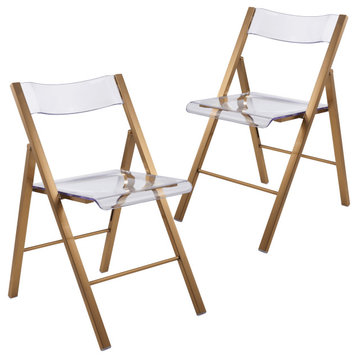 LeisureMod Menno Folding Chair With Stainless Steel Frame Set of 2, Clear