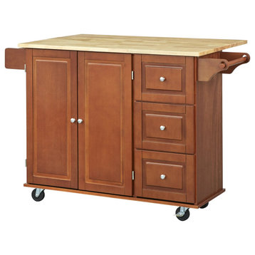Classic Kitchen Cart, Drop Leaf Top & Cabinets/Drawers With Round Knobs, Cherry