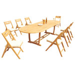 Teak Deals - 9-Piece Outdoor Teak Dining Set: 117" Masc Oval Table, 8 Surf Folding Arm Chairs - Set includes: 117" Double Extension Oval Dining Table and 8 Folding Arm Chairs.