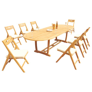 9-Piece Outdoor Teak Dining Set: 117" Masc Oval Table, 8 Surf Folding Arm Chairs