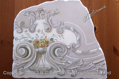 Lime painted samples of Italian decoration on gesso board