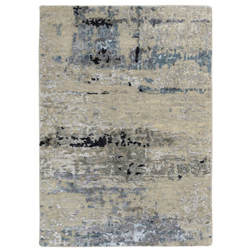 Gray, Modern Abstract Design, Wool and Silk Hand Knotted, Mat Rug, 2'0" x 3'0"
