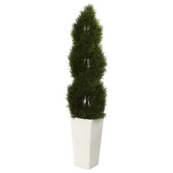 5.5' Double Pond Cypress Spiral Topiary Artificial Tree, White Tower Planter