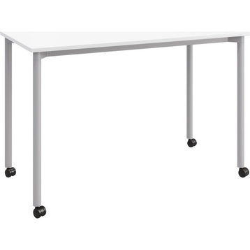 Olio Designs Spright Mobile Wood Top Work Table Desk in White and Silver