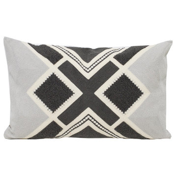Embroidery Geometric Aztec Cotton Blend Throw Pillow, Grey, 12"x20"