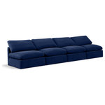 Meridian Furniture - Indulge Upholstered Modular Sofa, Navy, 4-Piece: 4 Armless Chair, Down Stuffed Velvet - Experience ultimate comfort and style with our navy velvet Indulge Sofa. The luxurious velvet will elevate the aesthetic of any room. This sofa provides ample space for you to relax while its modular build offers the option of unlimited configurations. Whether you're looking to add a stylish element to your living room or a comfortable seating option to your bedroom, this sofa is the perfect choice.