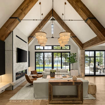 Weathered Antiuqe Box Beams and White Oak Flooring in Rustic Modern Luxury Home