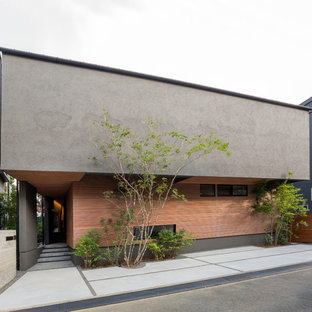 Foto della facciata di una casa grigia etnica con tetto piano