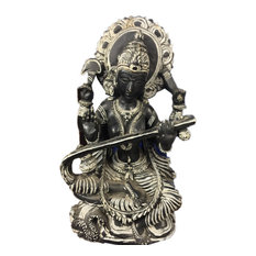 Mogulinterior - Goddess Saraswati Hindu Religious Stone Statue Hand Carved Art Sculpture 8" - Decorative Objects And Figurines
