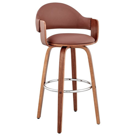 Armen Living Daxton 30" Modern Faux Leather & Wood Barstool in Brown/Walnut