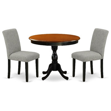 AMAB3-BCH-06 - Round Table and 2 Shitake Linen Fabric Chairs - Black Finish