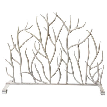 Single Panel Fireplace Screen in Antique White Iron Twig Design
